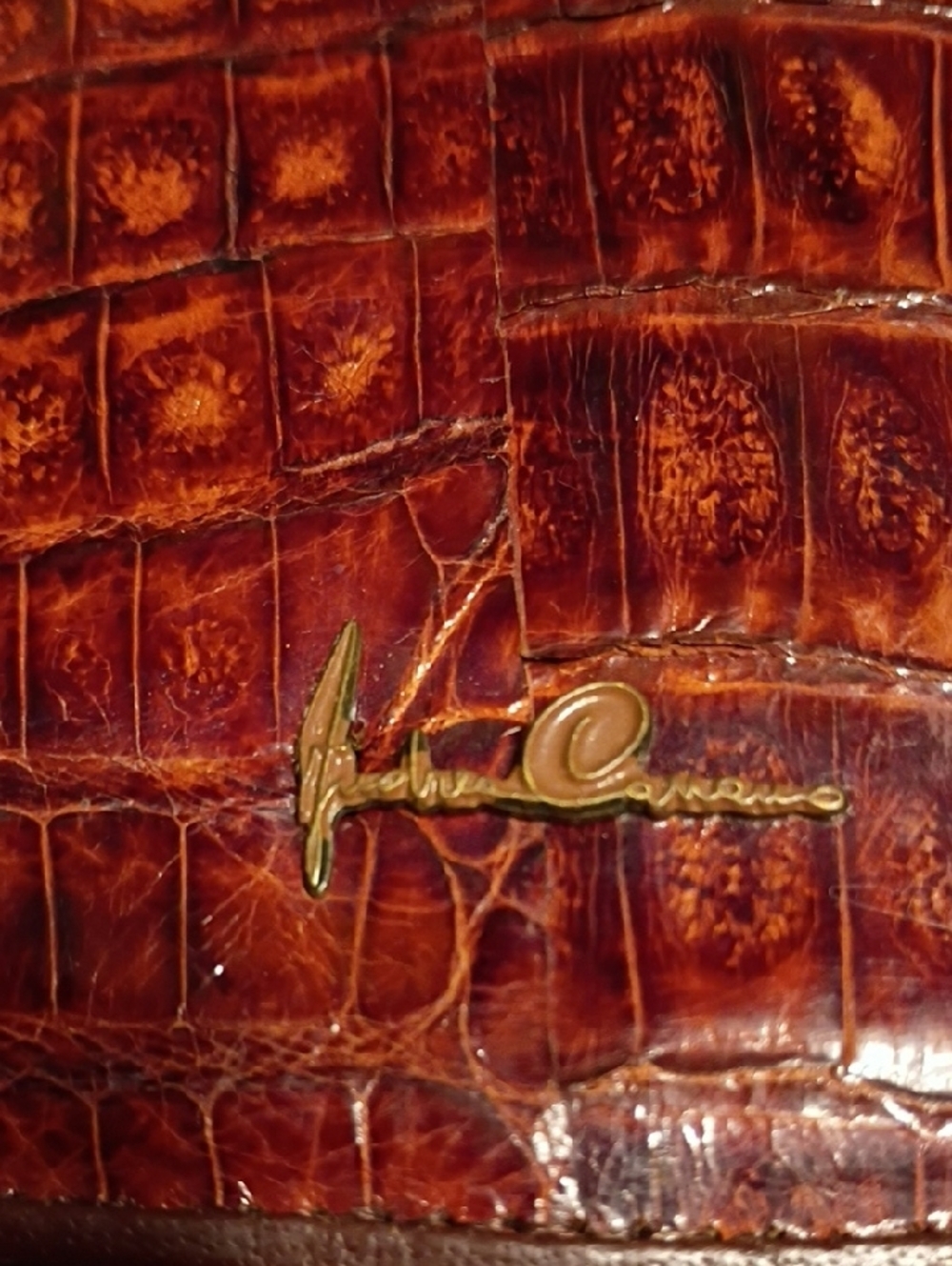 Croc-Embossed Two-Tone Brown Top-Handle Satchel - Picture 3 of 13